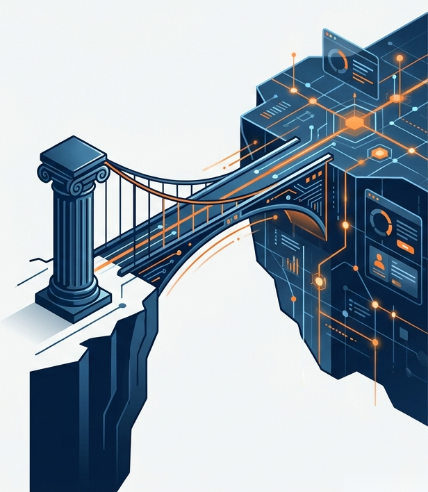 A bridge from a classical pillar to a digital city, representing the move from degree to career